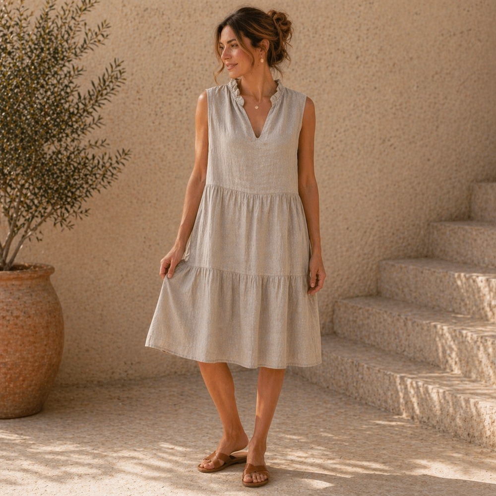 Le Ragazze Made in Italy 100% Linen Tiered Midi Dress Coastal Lagenlook Large
